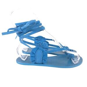Tibi Suede Ruffle Ankle Tie Flat Gladiator Sandal US 7 EU 37 Womens Blue $395